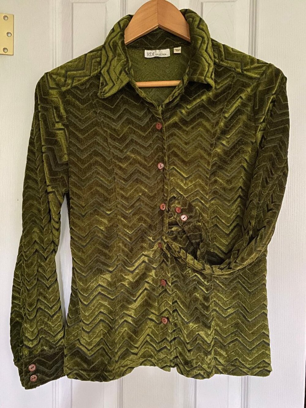 Vintage 90s RDI Collection Olive Green Chevron Velour Club Kid Blouse M